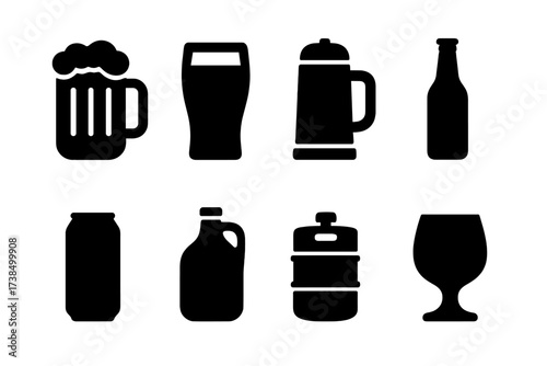 Beer Container Icons. Solid, filled icon set of beer containers: beer mug, pint glass, stein, bottle, can, growler, keg, chalice glass. Solid, filled icons in