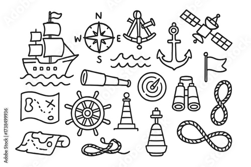 Maritime Navigation Icons. Hand-drawn doodle illustration maritime navigation ship, compass, sextant, lighthouse, anchor, waves, telescope, map, steering