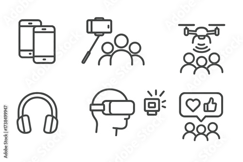 Crowd Tech Icon Set. Outline icon set of crowd technology: mobile phones, selfie sticks, live streaming, drones, headphones, VR headsets, camera flashes,