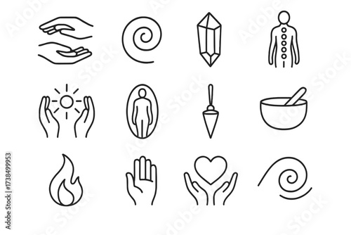 Energy Healing Icons. Energy healing. Line icon set of Energy healing: reiki hands, energy swirl, crystal, chakra flow, healing light, aura field, pendulum,