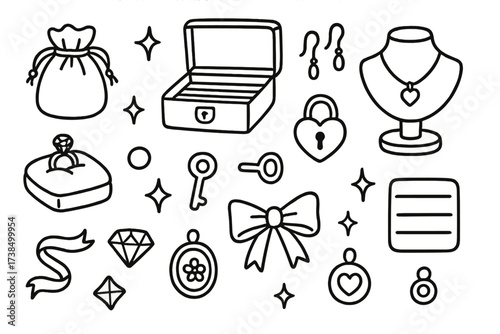 Jewelry Box Doodles. Hand-drawn doodle illustration jewelry box accessories velvet pouch, ring holder, necklace stand, earring hooks, bracelet slot, lock, key,