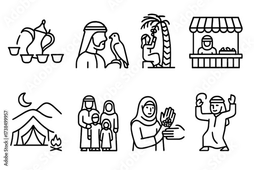 Emirati Life Icons. Outline icon set of Emirati daily life: Coffee ceremony, Falconry, Date harvesting, Market bazaar, Desert camping, Family gathering, Henna