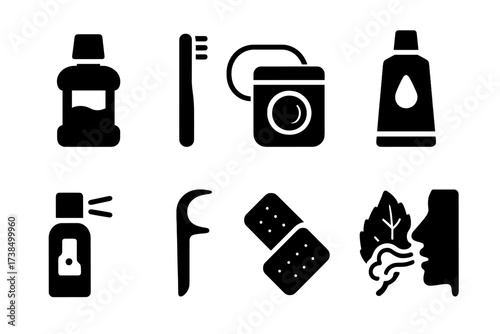 Minty Fresh Icons. Solid, filled icon set of mint freshness and hygiene: mouthwash, toothbrush, floss, toothpaste tube, breath freshener, dental pick, chewing