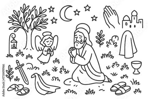 Night Prayer Illustration. Hand-drawn doodle illustration Night prayer at Gethsemane lantern, Jesus praying, olive tree, angel, moon, stars, praying hands,