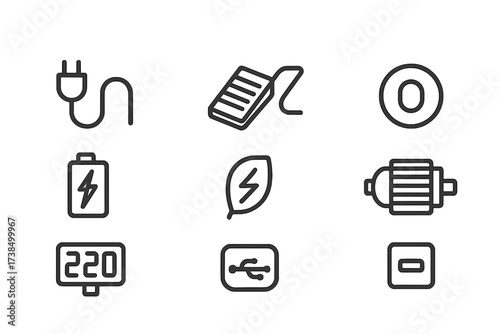 Sewing Machine Energy Icons. Outline icon set of sewing machine energy: power cord, foot pedal, rechargeable battery, power switch, voltage indicator, energy