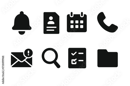 Debtor Monitoring Icons. Solid, filled icon set of debtor monitoring: alert bell, report sheet, calendar, phone call, email notification, magnifying glass,