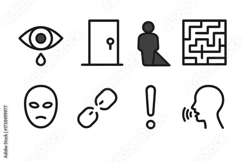Paranoia Icons Set. Outline icon set of paranoia and suspicion: eye with tear, locked door, shadow figure, maze, mask, broken chain, exclamation