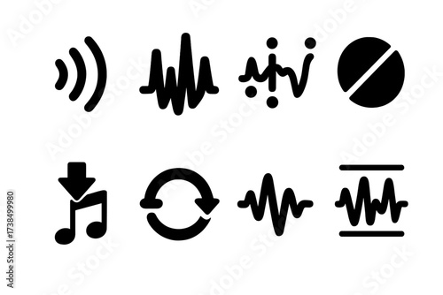 DJ Sound Effects Icons. Solid, filled icon set of DJ sound effects: echo, reverb, delay, filter sweep, beat drop, loop, distortion, flanger. Solid, filled