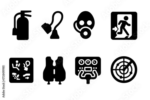Private Jet Safety Icons. Solid, filled icon set of private jet safety: fire extinguisher, oxygen mask, emergency exit, first aid kit, safety instructions,