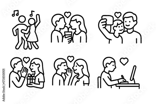 Flirt Activity Icons. Outline icon set of flirt activities: dancing, sharing drink, taking selfie, exchanging gifts, whispering, playful teasing, writing