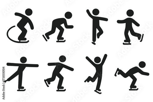 Glide Technique Icons. Solid, filled icon set of glide techniques: smooth turn, slide, jump, spin, balance, landing, takeoff, dive. Solid, filled icons in only