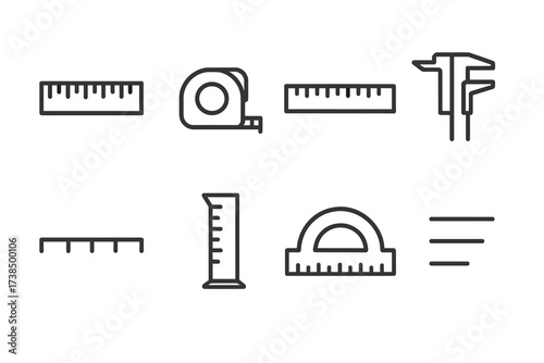 Measurement Scale Icons. Outline icon set of measurement scales: ruler, tape measure, meter stick, caliper scale, scale bar, graduated cylinder, protractor,