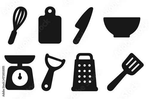 Black Kitchen Icon Set. Solid, filled icon set of food preparation: oak whisk, chopping board, knife, mixing bowl, scale, peeler, grater, spatula. [Line icons