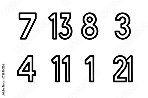 Lucky Number Icons. Outline icon set of lucky numbers: seven, thirteen, eight, three, four, one, eleven, twenty-one. Line icons in only black color, consistent