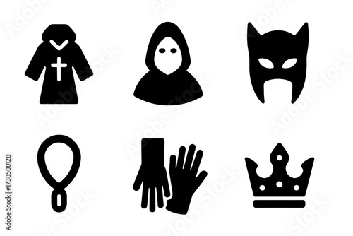 Ritual Garments Icons. Solid, filled icon set of ritual garments: robe, hood, mask, sash, beads, gloves, sandals, crown. Solid, filled icons in only black
