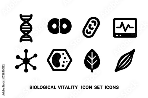 Biological Vitality Icons. Solid, filled icon set of biological vitality: DNA strand, cell division, mitochondria, heartbeat monitor, neural network, plant
