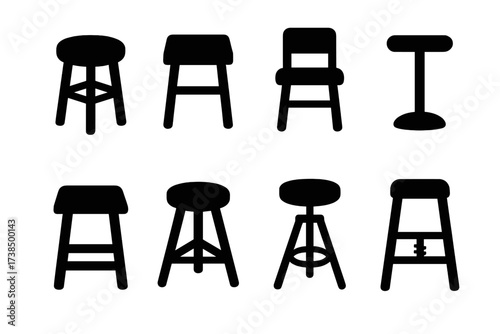 Stool Icon Collection. Solid, filled icon set of stool shapes and designs: round stool, square stool, backless stool, with backrest, pedestal stool,