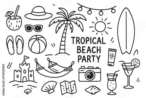 Tropical Beach Doodle. Hand-drawn doodle illustration Tropical beach party palm tree, coconut drink, sun hat, sunglasses, flip-flops, beach ball, surfboard,