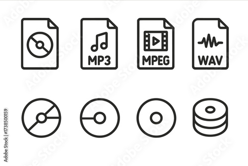 CD_DVD Formats Icons. Outline icon set of CD/DVD formats: ISO file, MP3 audio, MPEG video, WAV file, VCD disc, DVD-, DVD-, dual layer disc. Line icons in only