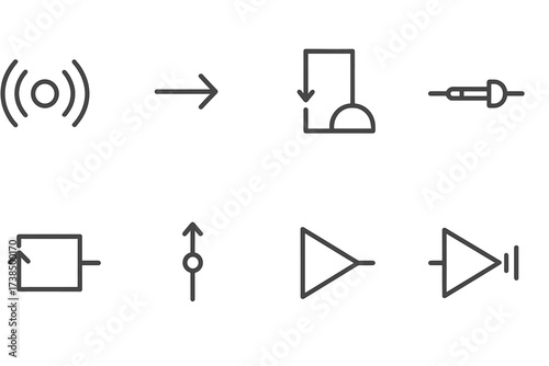Signal Flow Icons. Outline icon set of trigger signals flow: signal source, trigger input, trigger processing, trigger output, trigger feedback, signal