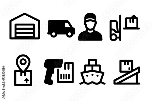 Shipping Logistics Icons. Solid, filled icon set of shipping logistics: warehouse building, delivery van, truck driver, cargo loading, shipment tracking,