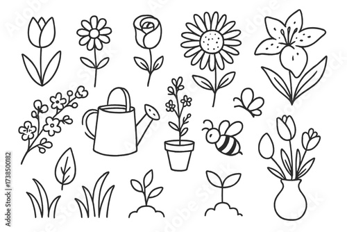 Spring Flower Doodles. Hand-drawn doodle illustration Spring flowers tulip, daisy, rose, sunflower, lily, blossom branch, wildflower, bud, leaf, watering can,