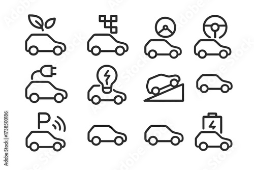 Electric Car Driving Modes. Outline icon set of electric car driving modes: eco mode, sport mode, autopilot, cruise control, energy saver, hill assist, parking