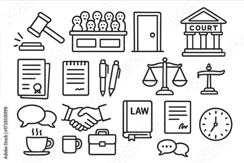 Courtroom Doodle Icons. Hand-drawn doodle illustration courtroom decision judge?s gavel, jury box, closed door, scales of justice, courthouse, legal papers,