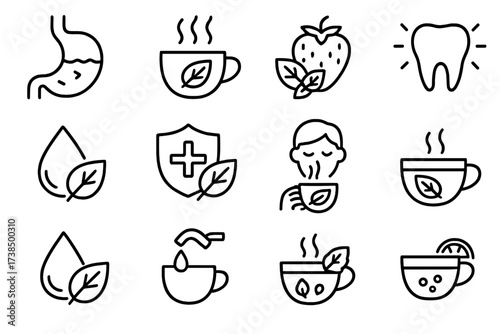 Mint Tea Icon Set. Outline icon set of mint tea health benefits: digestion, relaxation, antioxidant, fresh breath, hydration, immune boost, calming effect,