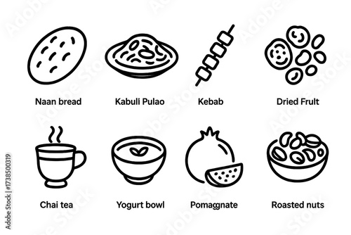 Cultural Cuisine Icon Set. Outline icon set of Afghan food and drink: naan bread, kabuli pulao, kebab skewer, dried fruit, chai tea, yogurt bowl, pomegranate,