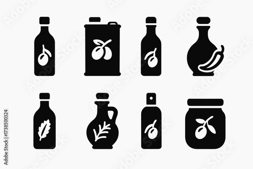 Olive Oil Icons. Solid, filled icon set of olive oil products: olive oil bottle, olive oil can, extra virgin olive oil, flavored olive oil, organic olive oil,