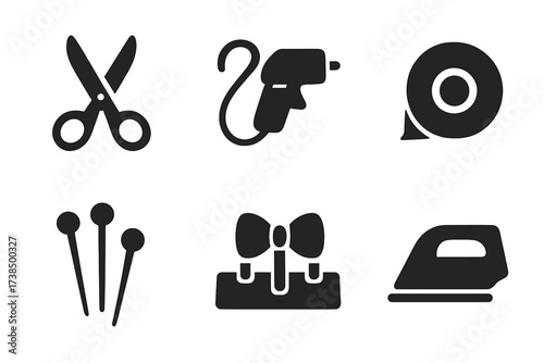 Bow Tying Tools Icons. Solid, filled icon set of bow tying tools: scissors, needle and thread, glue gun, tape, pins, measuring tape, bow maker, iron. Solid,