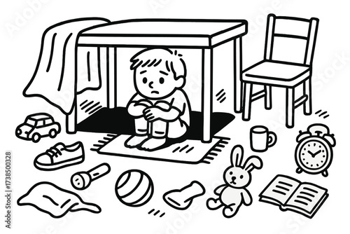 Child's Cozy Hideout. Hand-drawn doodle illustration Child hiding under table small person, table legs, chair, toy car, blanket, shoe, ball, flashlight,