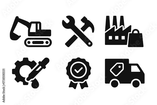 Equipment Sale Icons. Solid, filled icon set of equipment sale: machinery, tools, factory equipment, computers, office supplies, maintenance, warranty,