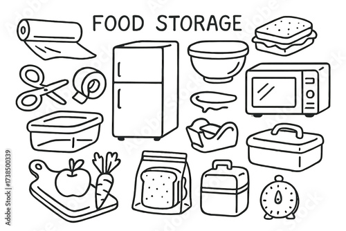 Kitchen Storage Doodles. Hand-drawn doodle illustration Food storage with plastic wrap roll of plastic wrap, sandwich, bowl with lid, food container, fridge,