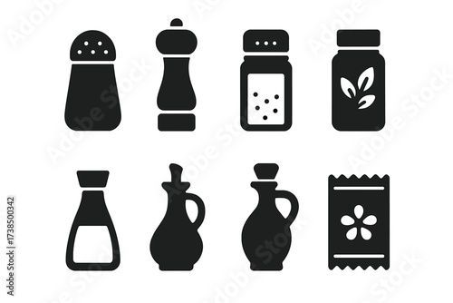 Seasoning Containers Icons. Solid, filled icon set of seasoning containers: salt shaker, pepper grinder, spice jar, herb bottle, soy sauce bottle,