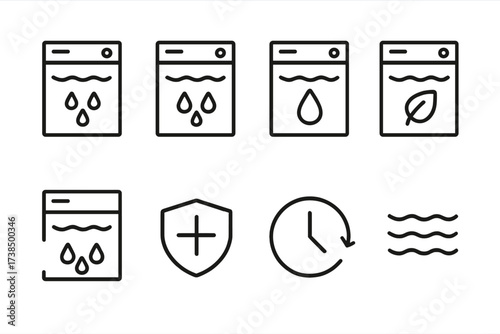Dishwasher Cycles Icons. Outline icon set of dishwasher cycles: normal wash, quick wash, heavy wash, eco mode, rinse only, sanitize, delay start, drying. Line