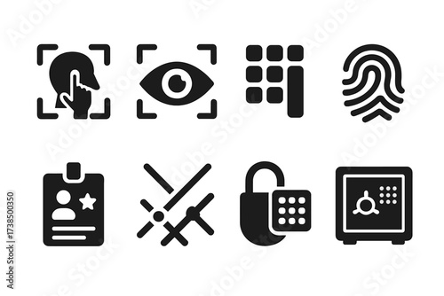 Vault Technology Icons. Solid, filled icon set of vault technology: biometric scanner, retina scan, digital keypad, fingerprint reader, security badge, laser