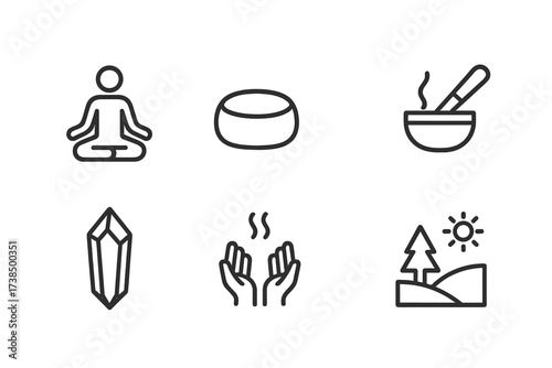 Holistic Healing Icons. Outline icon set of holistic healing: yoga pose, meditation cushion, incense, sound bowl, crystal, essential oil diffuser, healing