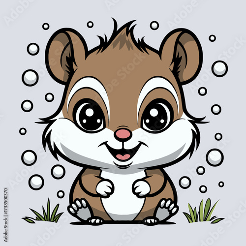 Cute cartoon chipmunk sitting in grass with bubbles around it  