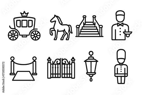 Outline Palace Icons. Outline icon set of palace transportation and arrival: royal carriage, horse, grand staircase, valet, red carpet, gate, lantern, guard.