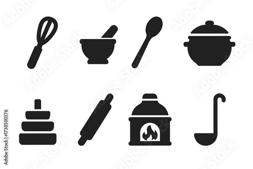 Traditional Cooking Tools. Solid, filled icon set of traditional cooking tools: oak whisk, mortar and pestle, wooden spoon, clay pot, stone grinder, rolling