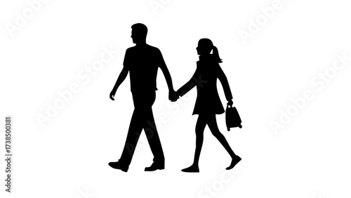 Silhouette of a man and a girl walking hand in hand with a suitcase on a white background art vector