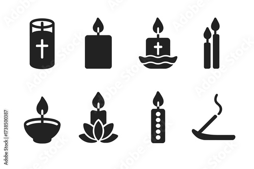 Spiritual Candle Icons. Solid, filled icon set of spiritual and ritual candles: prayer candle, altar candle, purification candle, spell candle, offering