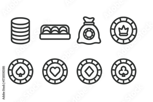 Casino Chip Icons. Outline icon set of casino chips: chip stack, chip rack, chip bag, chip with crown, chip with spade, chip with heart, chip with diamond,