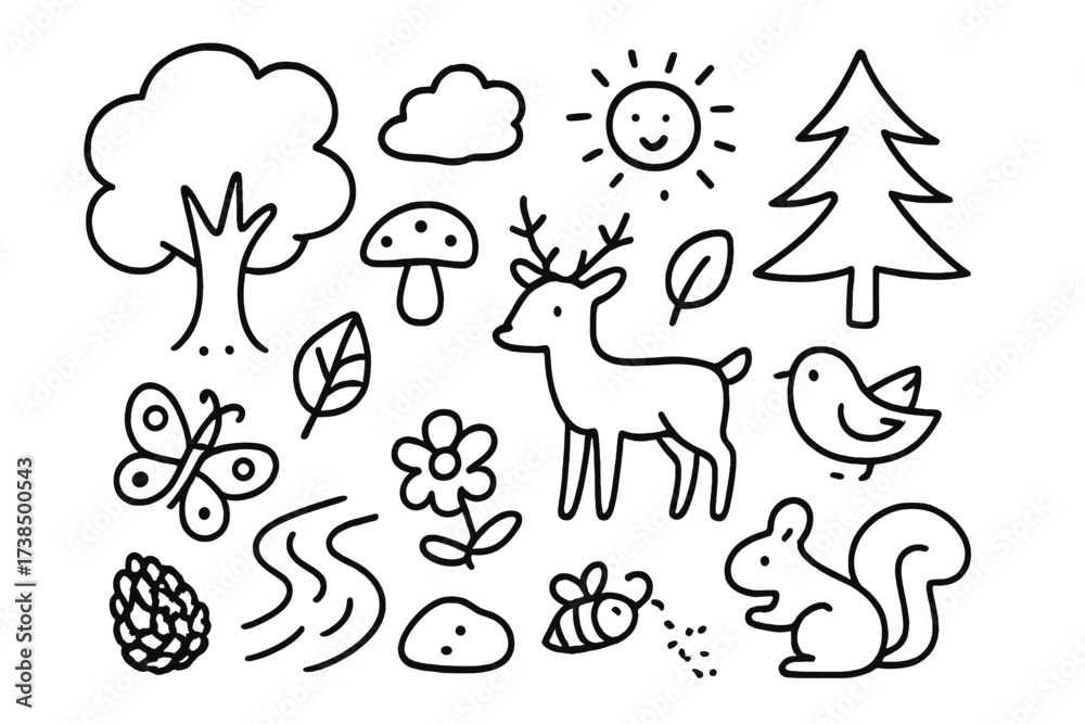 Fototapeta premium Forest Doodle Wonderland. Hand-drawn doodle illustration forest scenery tree, mushroom, deer, bird, leaf, butterfly, sun, cloud, pinecone, river, flower,