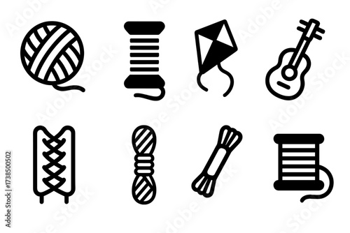 String Icon Set. Solid, filled icon set of string: yarn ball, sewing thread, kite string, guitar string, shoelace, twine, embroidery floss, fishing line. [Line