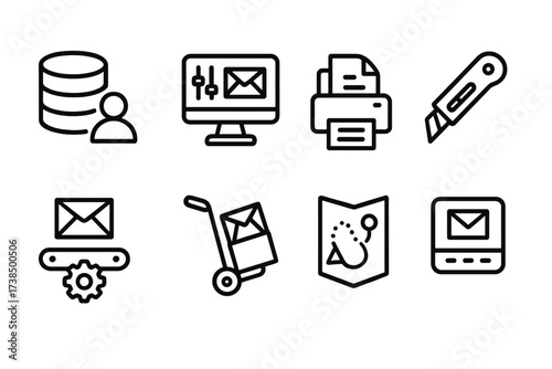 Direct Mail Icon Set. Outline icon set of direct mail tools: address database, design software, printing machine, cutting tool, sorting machine, mailing cart,