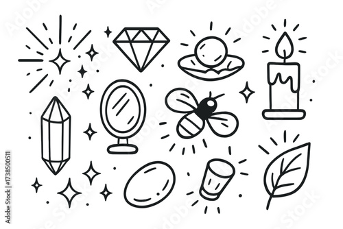 Radiant Doodle Elements. Hand-drawn doodle illustration radiant luster light rays, sparkle, diamond, pearl, glowing star, candle flame, crystal, mirror,