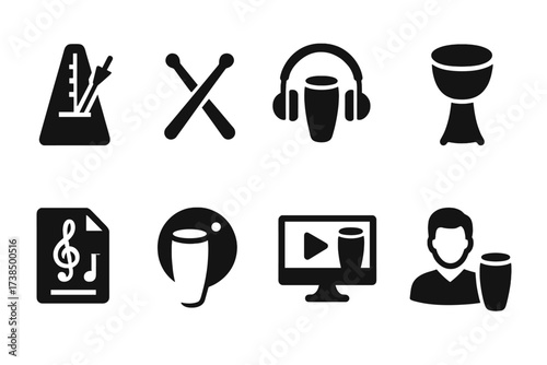 Conga Practice Icons. Solid, filled icon set of conga practice and rehearsal: metronome, drumsticks, headphones, practice pad, music sheet, recording session,